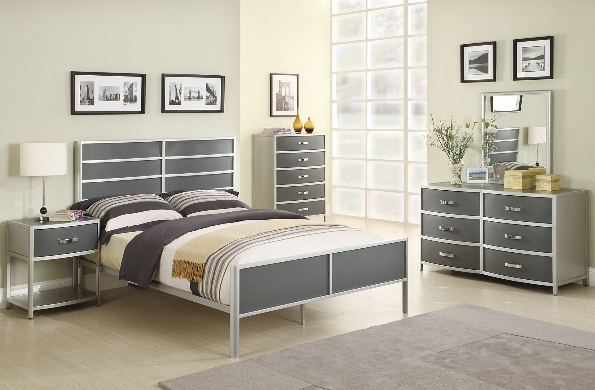 silver and black embossed bedroom furniture
