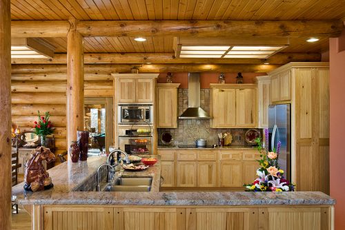 Interior, horizontal, kitchen, Hamilton residence, Spiro, Oklahoma; Expedition Log Homes