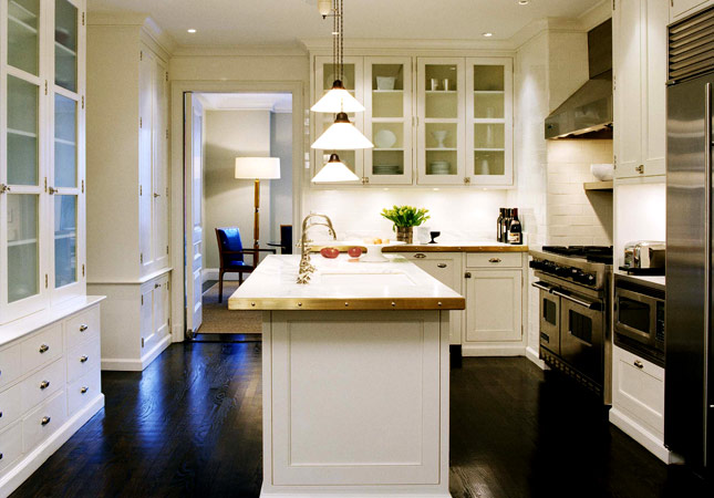 kitchen white cabinets dark wood floors photo - 3